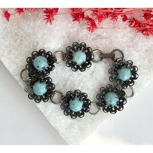60's Vintage Sterling Faux Turquoise Flower Silver Toned Chainlink Bracelet - 7"